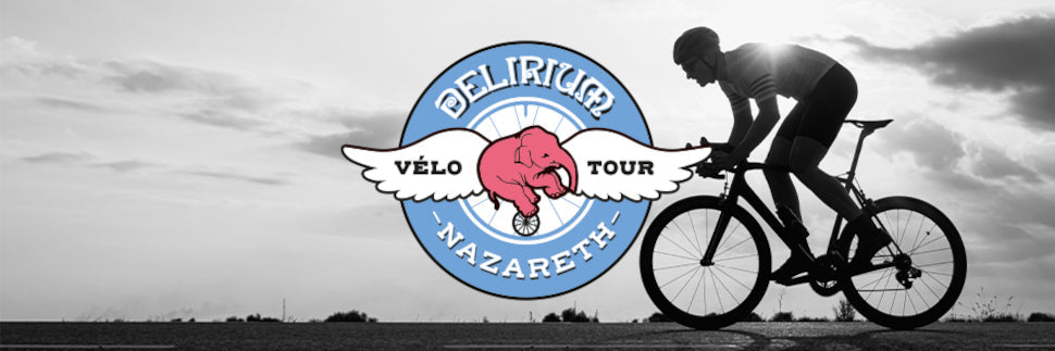 Silhouette of a cyclist with Delirium Vélo Nazareth logo on a cloudy sky background
