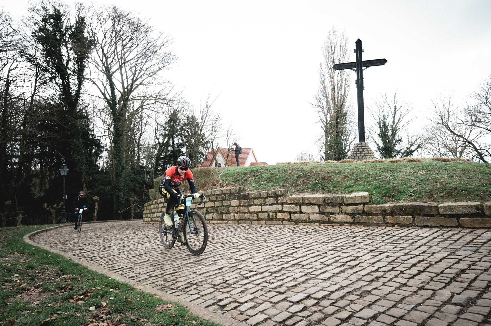 Male cyclist on a climb during Omloop Het Nieuwsblad Cyclo