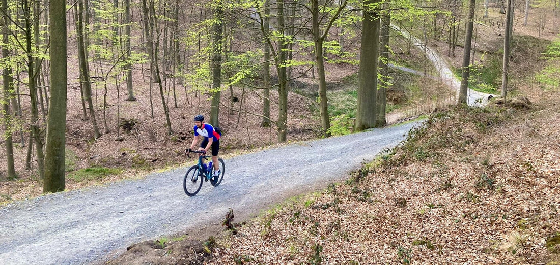 Gravel rider on a forest trail at PlugPlug Dijleland